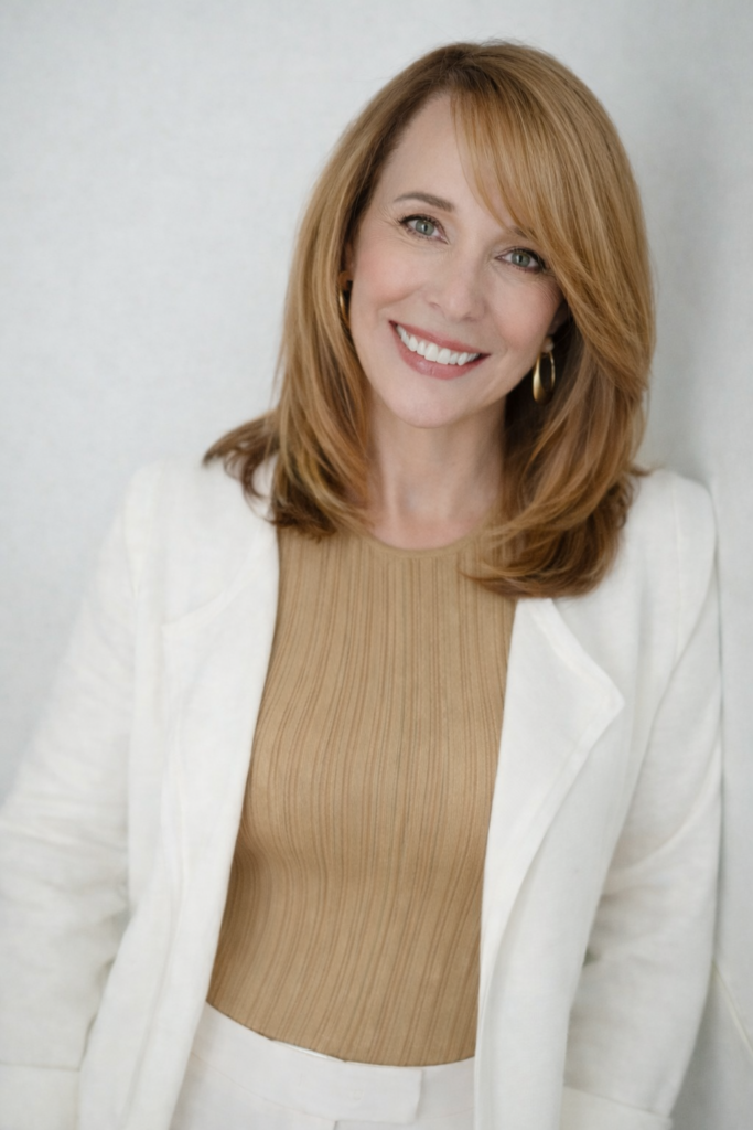 Photo of Loretta Cooper, a white woman with straight, light-brown hair; she is wearing a white blazer over a tan shirt and smiling warmly at the camera.