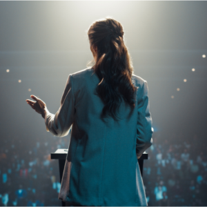 Photo from behind a woman giving a speech; she is standing behind a podium with stage lights shining down on her, and the large seated audience in front of her is out of focus.