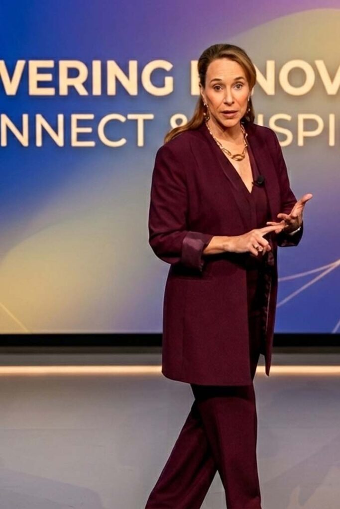 Image of Loretta Cooper, a white woman with light brown hair and wearing a burgundy pantsuit, in the middle of giving a speech at a large event.